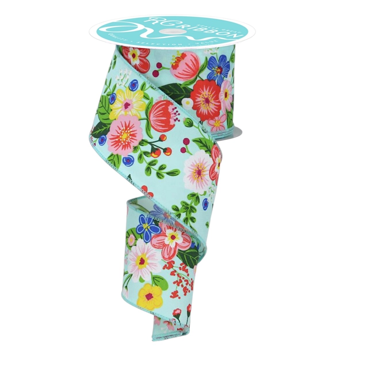 RG Ribbon: 2.5" Aqua Garden Florals Ribbon with Wired Edges, 10 Yards - Light Aqua Green, Multicolor - For Bows, Wreaths, Gift Wrap, Baskets, Flower Crafts and Decorations